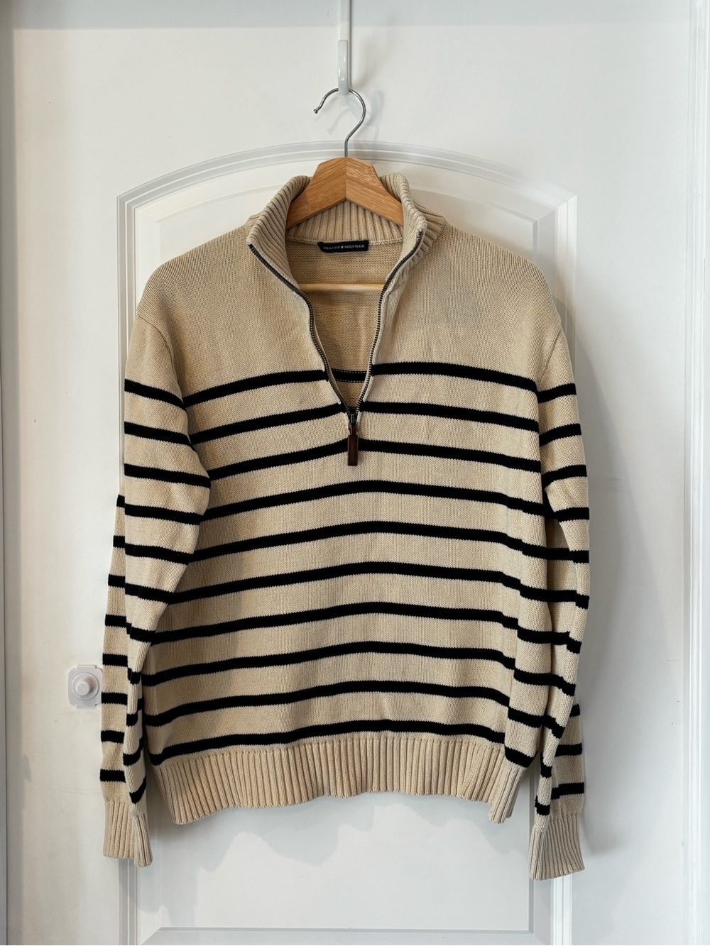 Brandy Melville Cream & Black Striped Half-Zip Cotton Knit Sweater